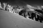 USA, Wyoming. BAndW photo of rabbit tracks in snow and landscape on west side of Teton Range. Art Print